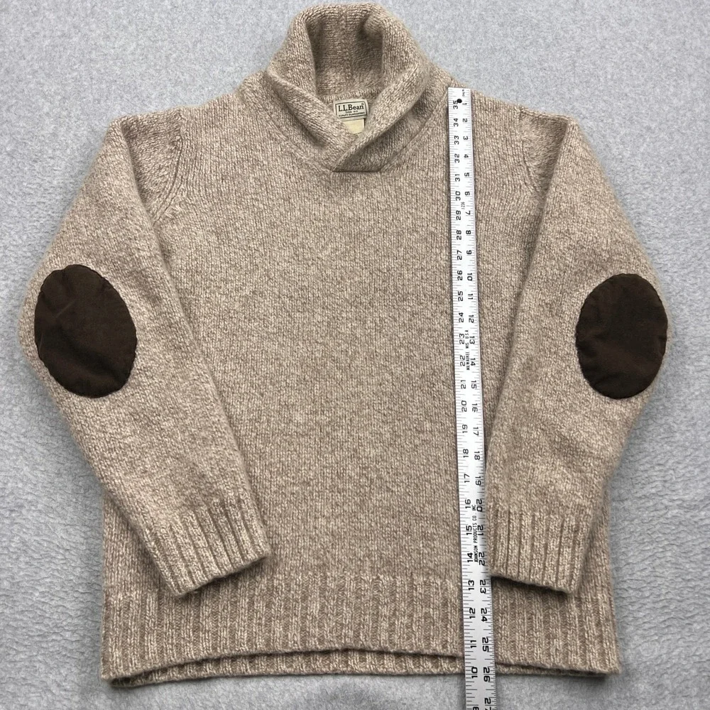 LL Bean Sweater Mens Large Beige 100% Lambswool Shawl Neck Elbow Patch Pullover - Picture 4 of 10